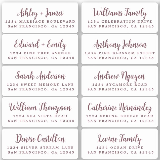 Postcard Burgundy Calligraphy Guest Address Labels (Front)