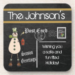 Postcard Chalkboard Vintage Christmas Snowman Drink Coaster<br><div class="desc">Featuring a vintage styled postcard designs with an old fashion snowman in green holding a birdhouse. Great for your Christmas decorating. 3 different styles available. ⭐This Product is 100% Customizable. Graphics and / or text can be added, deleted, moved, resized, changed around, rotated, etc... 99% of my designs in my...</div>