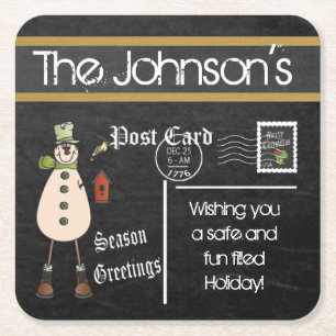 Postcard Chalkboard Vintage Christmas Snowman Square Paper Coaster