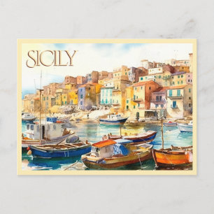 POSTCARD Colorful Watercolor Sicily Harbor Travel