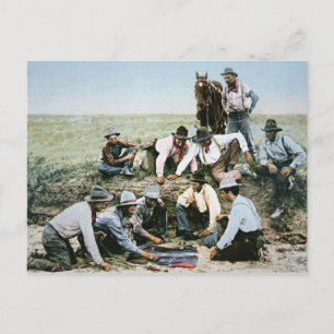 Postcard depicting cowboys gambling shooting craps