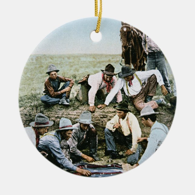 Postcard depicting cowboys gambling shooting craps ceramic ornament (Front)