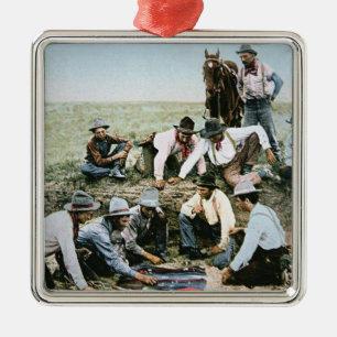 Postcard depicting cowboys gambling shooting craps metal ornament