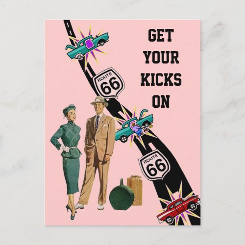 Postcard GET YOUR KICKS ON ROUTE 66 Retro Style