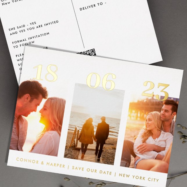 Postcard GOLD Three Photo QR CODE Save The Date (Creator Uploaded)