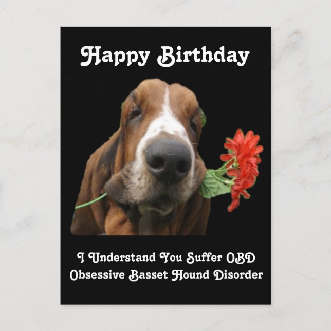 Postcard Happy Birthday Basset Hound With Flowers (Front)