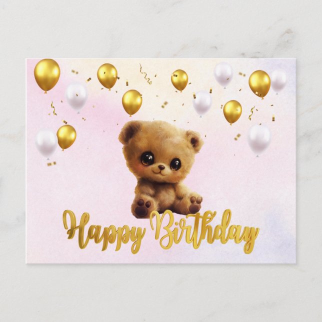 Postcard "Happy Birthday" with a teddy bear. (Front)