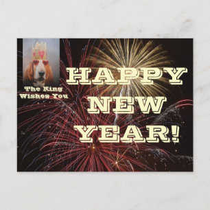Postcard Happy New Year With Basset Hound King