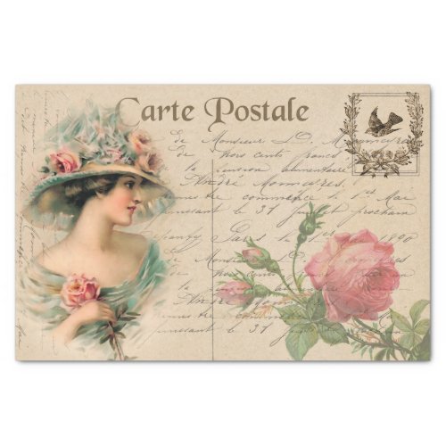 Postcard IllustrationVictorian Lady With Roses Tissue Paper