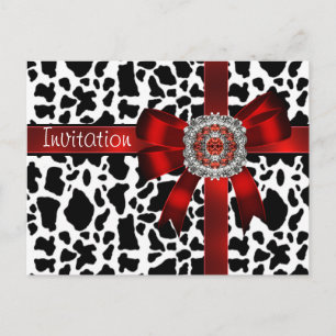 Postcard Invitation Cow Red Bow Black White