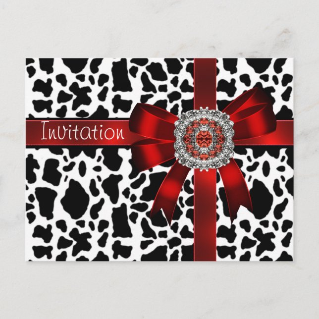 Postcard Invitation Cow Red Bow Black White (Front)
