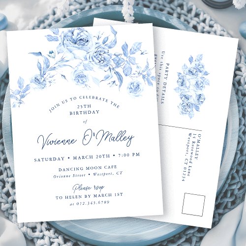 POSTCARD INVITE 25th Birthday Dusty Blue Floral