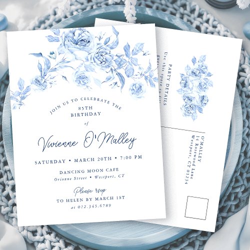 POSTCARD INVITE 85th Birthday Dusty Blue Floral