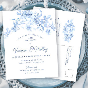 POSTCARD INVITE 95th Birthday Dusty Blue Floral