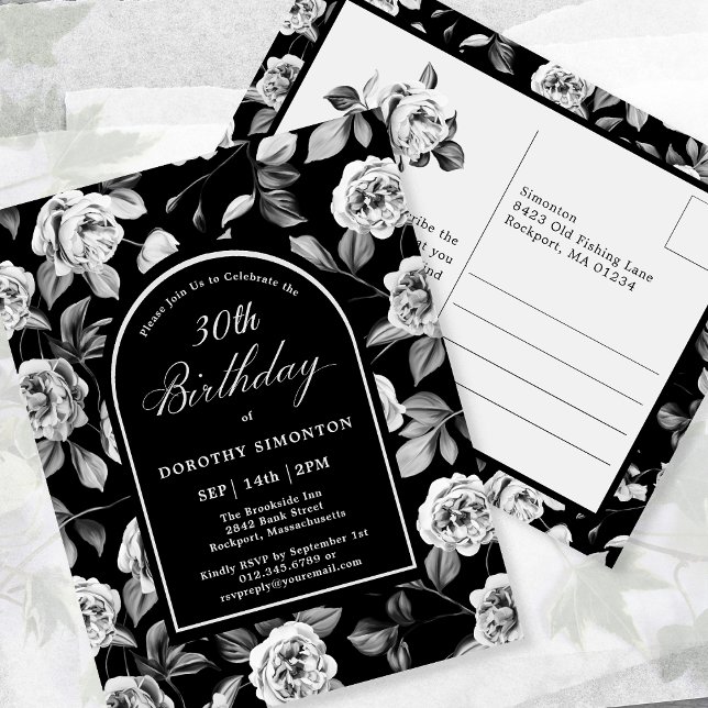 Postcard Invite Black White Floral 30th Birthday (Creator Uploaded)