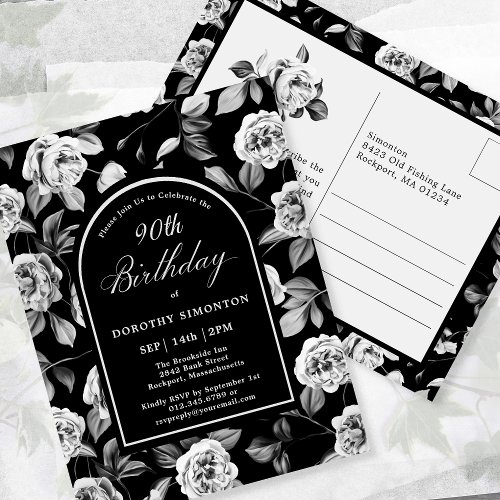 Postcard Invite Black White Floral 90th Birthday
