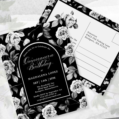 Postcard Invite Black White Floral Quinceanera