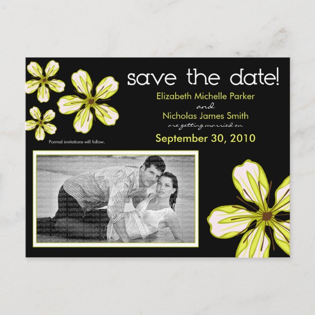 POSTCARD: Lime Cherry Blossom Save the Date Announcement Postcard (Front)