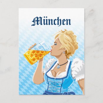 Postcard Munich Woman Dirndl Drinking Beer by frankramspott at Zazzle