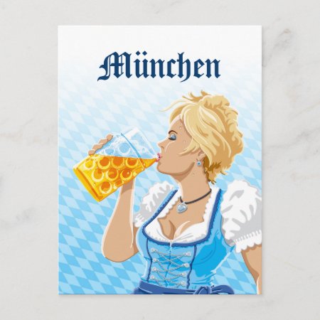 Postcard Munich Woman Dirndl Drinking Beer