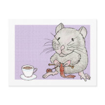 Postcard of a grey hamster knitting a scarf