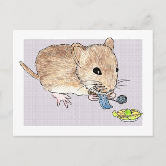 Postcard of a knitting brown mouse
