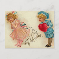 Postcard - old-fashioned valentine girl boy heart