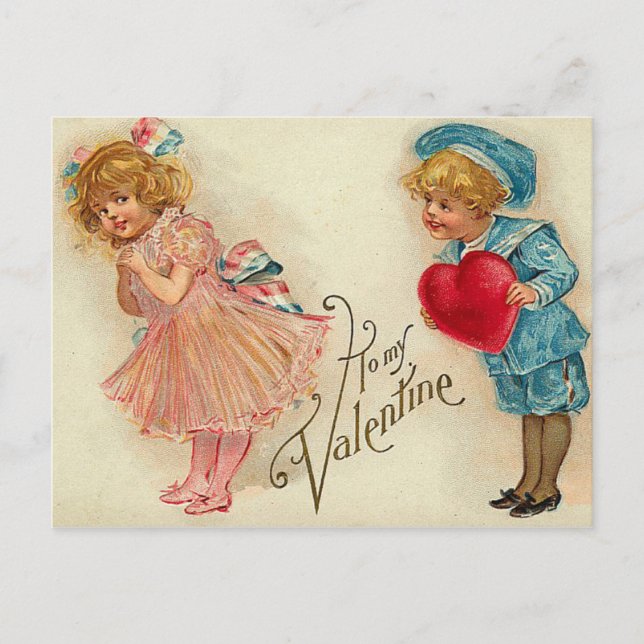 Postcard - old-fashioned valentine girl boy heart (Front)