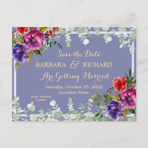 Postcard Purple Floral Watercolor Save Date