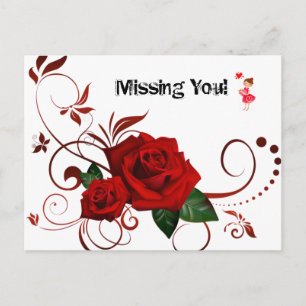 Postcard Red Rose Red Hearts  Missing youI