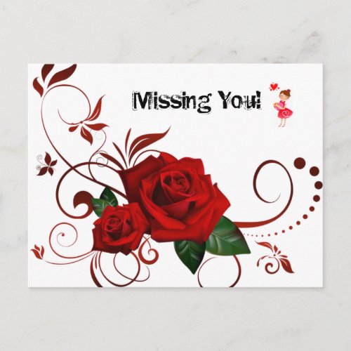 Postcard Red Rose Red Hearts  Missing youI