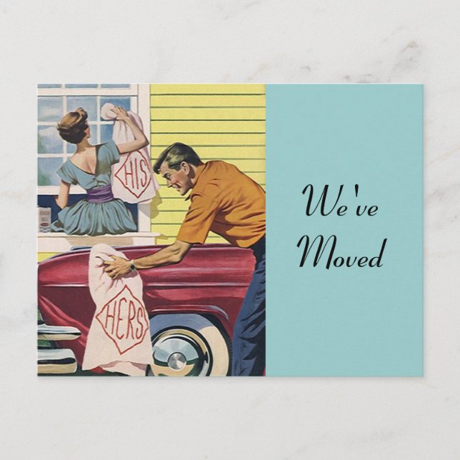 Postcard Retro Couple Moving In Moved New Address (Front)