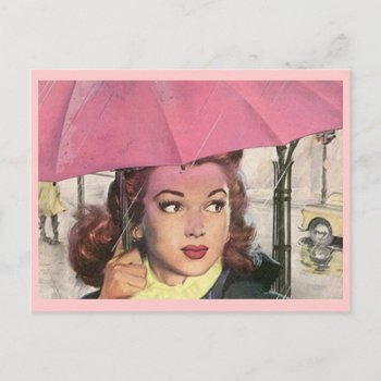 Postcard Retro Rainy Day Shower & A Pink Umbrella by nostalgicjourney at Zazzle