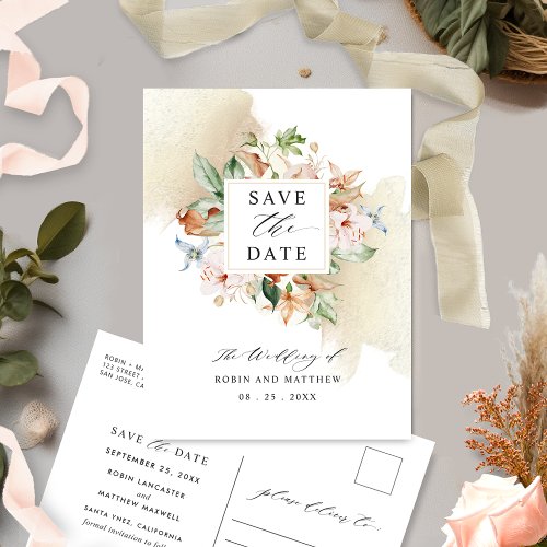 Postcard Save The Date Earthy Blooms Beige Wedding