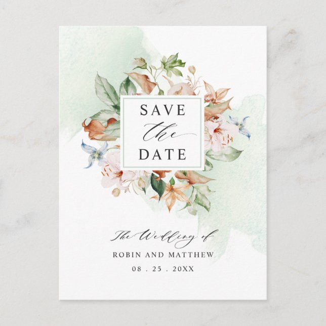 Postcard Save The Date Earthy Blooms Green Wedding (Front)