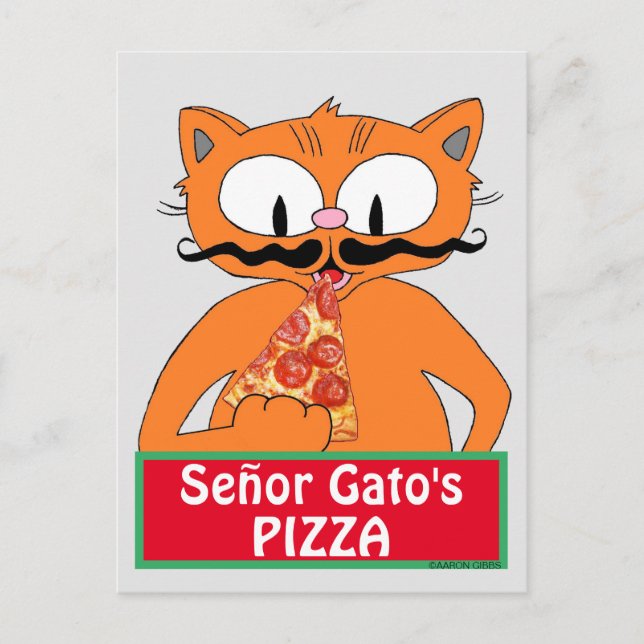 Postcard - Señor Gato's Pizza Funny Mustache Cat (Front)