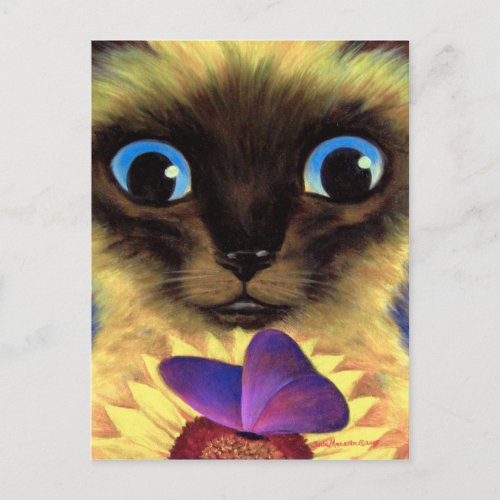 Postcard Siamese Cat Painting With Butterfly Art