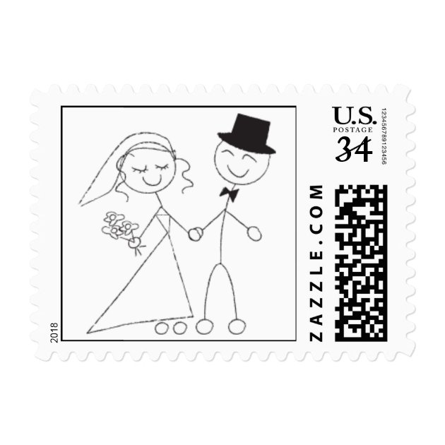 Postcard Stick Figure Wedding Couple RSVP Invite Postage