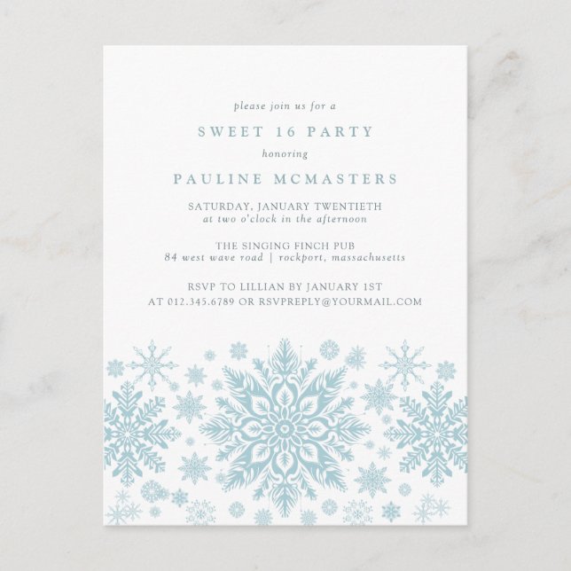 POSTCARD Sweet 16 Blue Snowflake Invitation (Front)