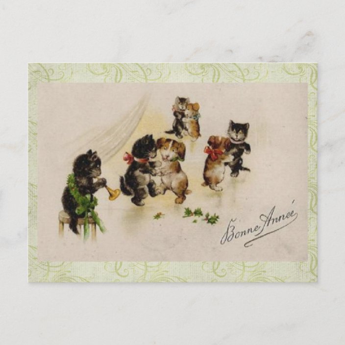 Postcard Vintage Christmas Cats Dogs Dancing Holiday Postcard