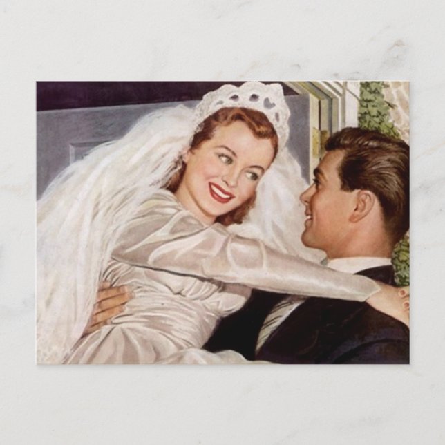 Postcard Vintage Happy Bride Groom Couple Wedding (Front)