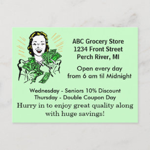 Postcard Vintage Retro Happy Lady Money Savings