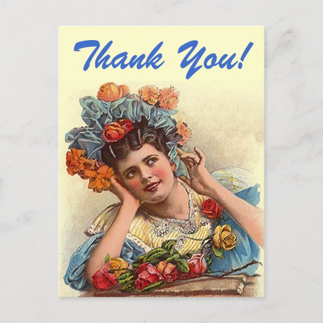Postcard Vintage Thank You! Think Pretty Rose Lady (Front)