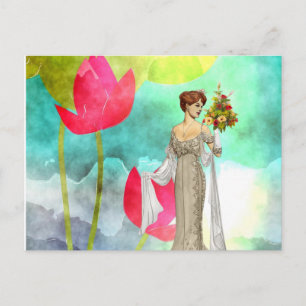 Postcard Vintage Woman Floral