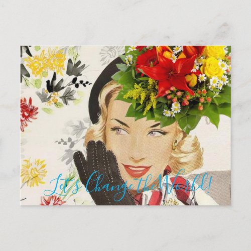 Postcard Vintage Woman Floral