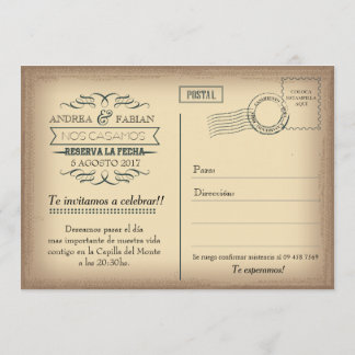 Postcard wedding invitation with photo in Spanish.