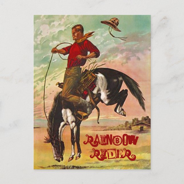 POSTCARD WESTERN BRONC HORSE & THE RAINBOW RIDER (Front)