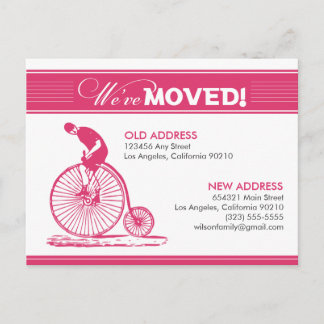 POSTCARD: We've Moved! Antique Bicycle (fuchsia) Announcement Postcard