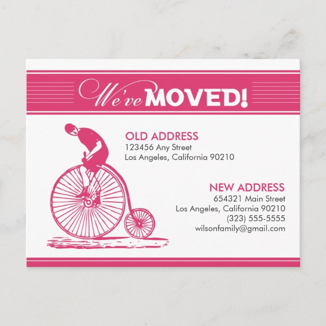 POSTCARD: We've Moved! Antique Bicycle (fuchsia) Announcement Postcard (Front)