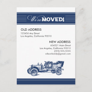 POSTCARD: We've Moved! Antique Car (navy) Announcement Postcard